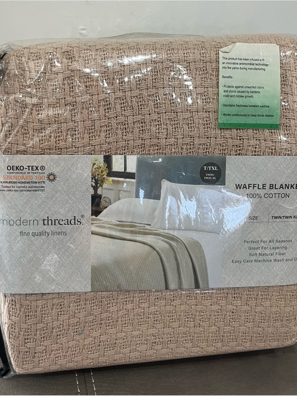 Waffle Cotton Blanket in Beige,Twin/Twin XL.